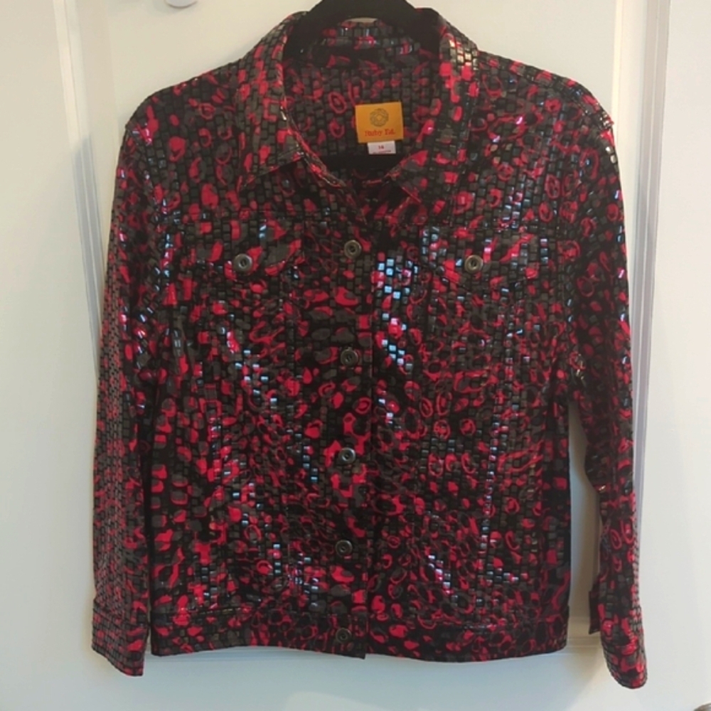 "Ruby Rd", Women's Snake Skin Red Black Wet Look 3/4 Sleeve Size ( 14 )